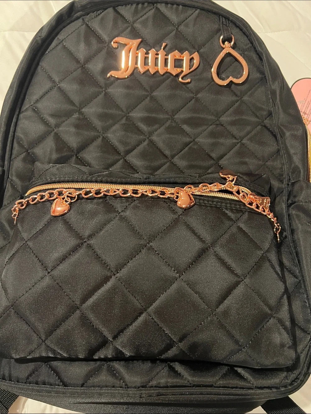 Juicy Couture Black Quilted Backpack with Rose Gold Heart Charm Accents kids 6+